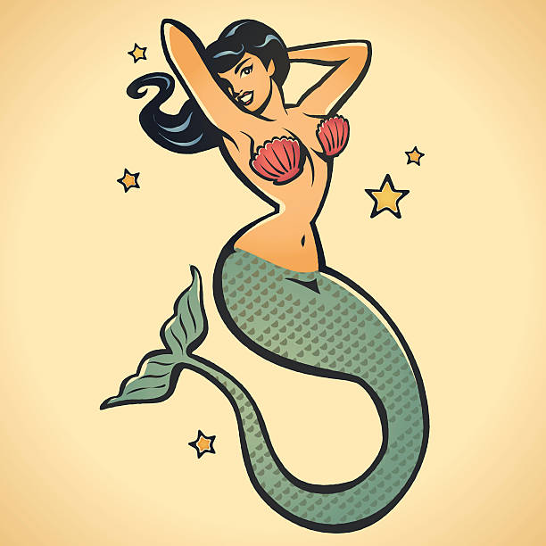 Mermaid Tattoo A tattoo/retro style graphic of a mermaid. vintage pin up girl tattoo stock illustrations