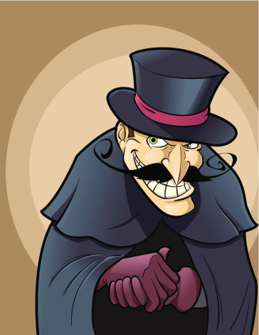 A classic looking movie villain complete with top hat, cape, and a curly mustache.