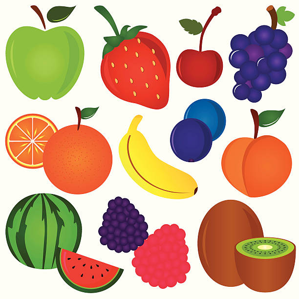 귀여운 벡터 아이콘: 디자인 요소: 신선한 채소, 과일 set#6 - peach fruit portion orange stock illustrations