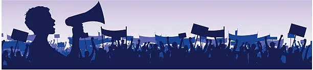 Vector illustration of young woman leading demonstration with megaphone