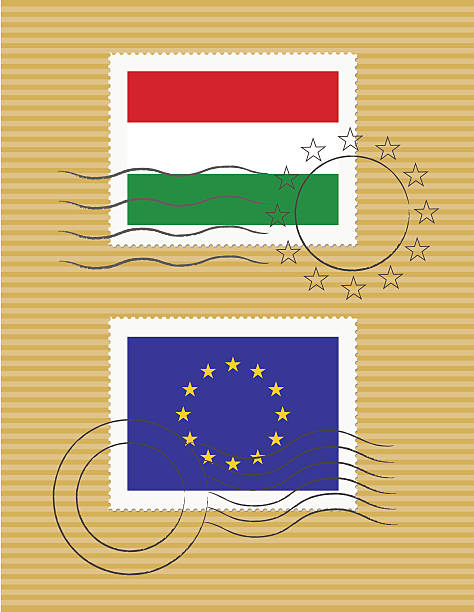 Stamps with flag of Hungary and EU vector art illustration