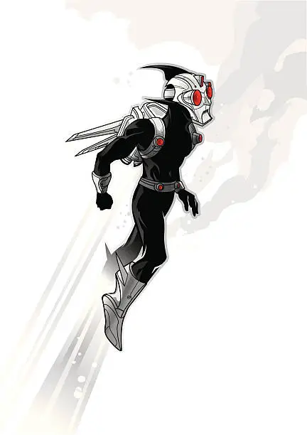 Vector illustration of Flying Ninja cyborg in Action