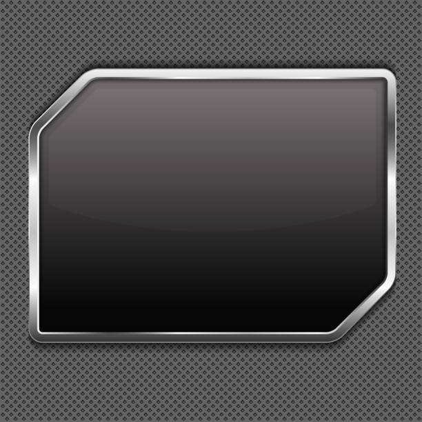 Glossy black rectangular shield with silver chrome trim Black metal frame on metal background, vector eps10 illustration (transparent effects were used to create shadows and glares) metal stock illustrations