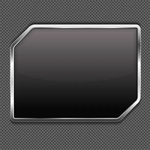 Vector illustration of Glossy black rectangular shield with silver chrome trim