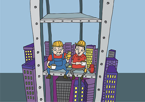ilustraciones, imágenes clip art, dibujos animados e iconos de stock de trabajadores de la construcción de rascacielos de almuerzo - mature couple building