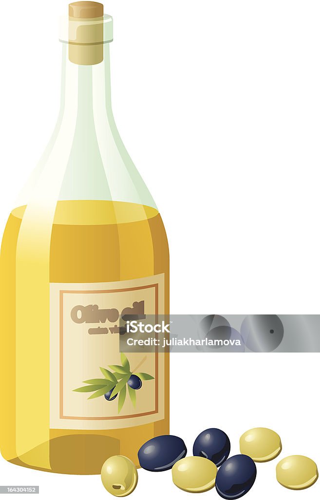 Bottiglia di olio di oliva e olive isolato su bianco - arte vettoriale royalty-free di Affamato