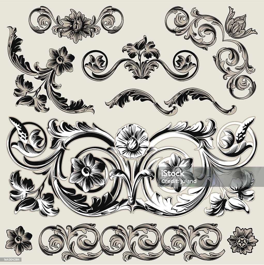 Conjunto de elementos florais, decoração clássica, - Vetor de 1900 royalty-free