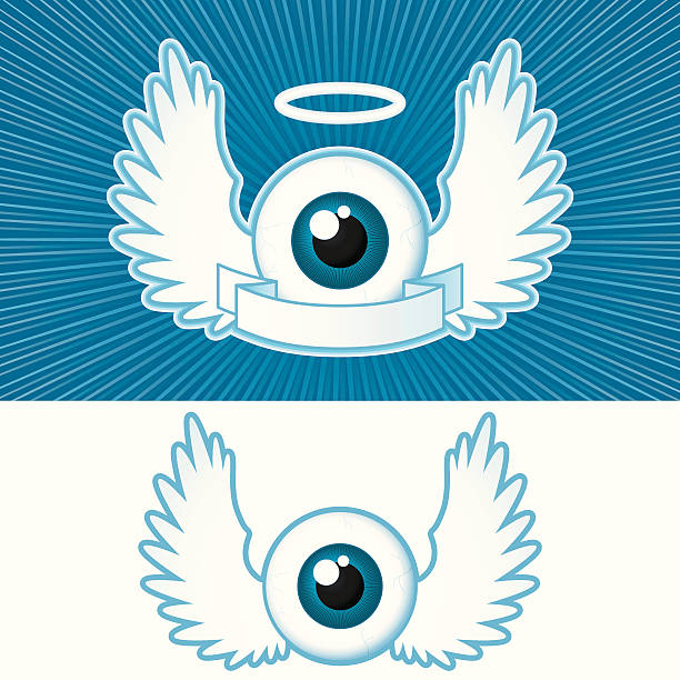Eye with angel wings and banner - vector "Eye with angel wings, banner and halo - vector - zip: jpg (7600x7600)" animal retina illustrations stock illustrations