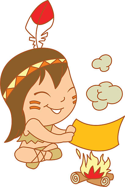 native fire Little girl with native dress and painting face signaling of smoke smoke signal stock illustrations