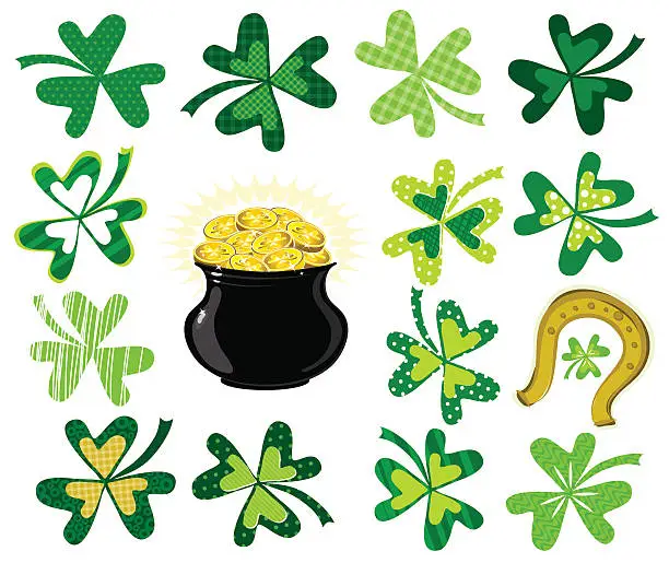 Vector illustration of green  shamrock and  pot with golden coins