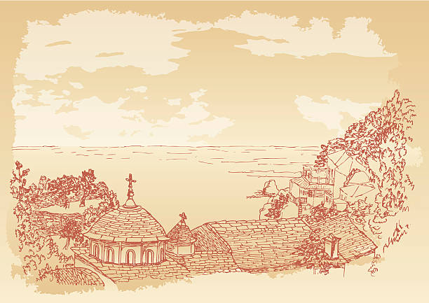 illustrations, cliparts, dessins animés et icônes de kafsokalyvia skete du mont athos - kalyvae