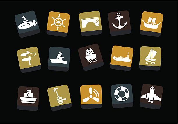 Transport Icon Set "Vector icons pack - Yellow-Brown-Blue Series, transport collection" ferry nautical vessel industrial ship sailing ship stock illustrations