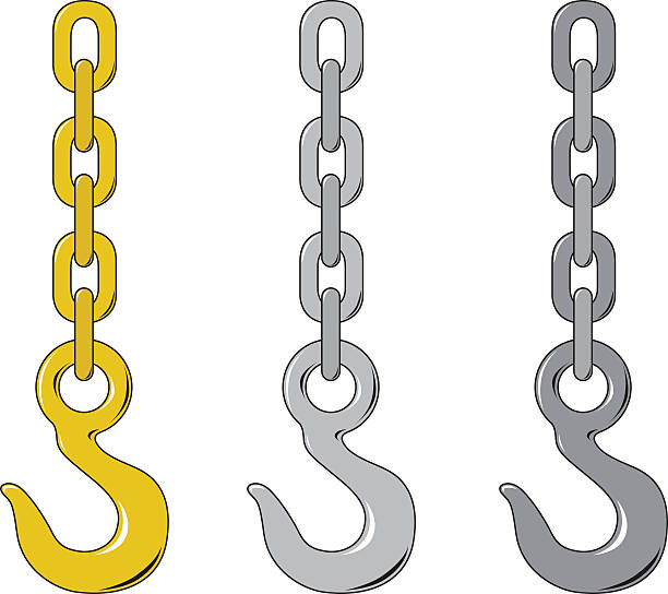 Gold, silver, and gray chains and hooks lined up in a row vector art illustration