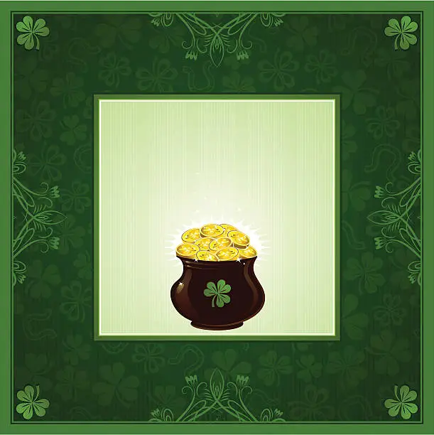 Vector illustration of green card with pot full of golden coins