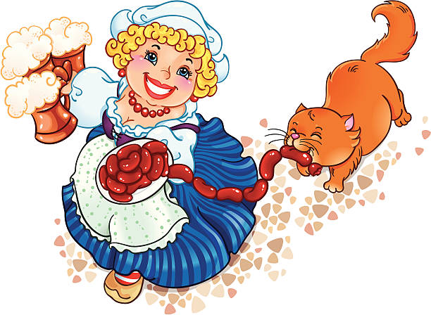 ilustrações, clipart, desenhos animados e ícones de oktoberfest-dama - women meat working tray