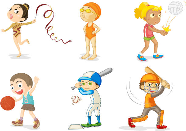 Mixed sports kids Children performing various sports cricket team stock illustrations