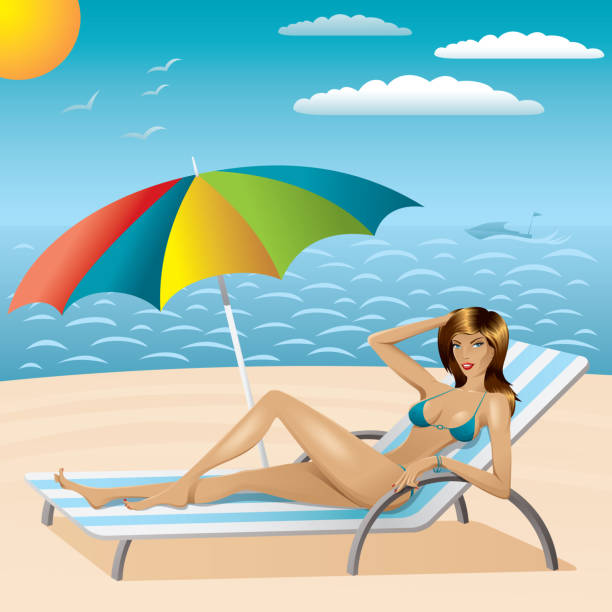 illustrazioni stock, clip art, cartoni animati e icone di tendenza di sexy donna in bikini sulla spiaggia - nautical vessel women human hair yacht