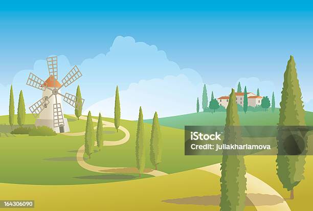 Итальянский Пейзаж Сельской — стоковая векторная графика и другие изображения на тему Без людей - Без людей, Векторная графика, Ветряная мельница