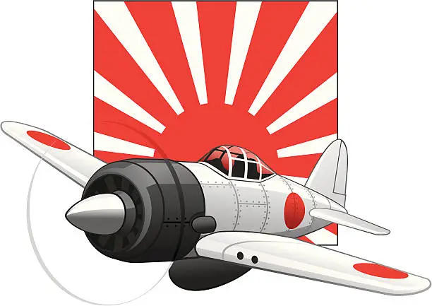 Vector illustration of Japanese WW2 plane on a rising sun background
