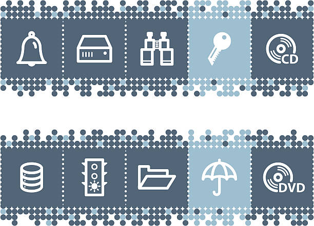 Blue dots bar with file-server icons "Vector file has layers, all icons in two versions are included. Zip-file includes: EPS, AI8, JPEG (3500x3500)." fileserver stock illustrations