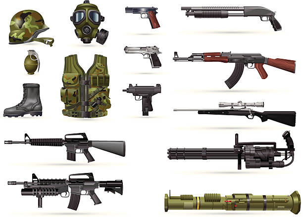 ilustraciones, imágenes clip art, dibujos animados e iconos de stock de ejército y armamento - armamento