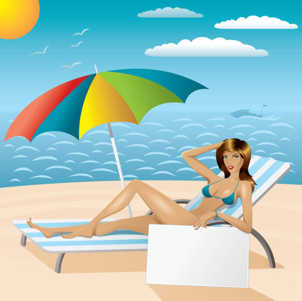 illustrazioni stock, clip art, cartoni animati e icone di tendenza di sexy donna in bikini sulla spiaggia con epmty scheda - nautical vessel women human hair yacht