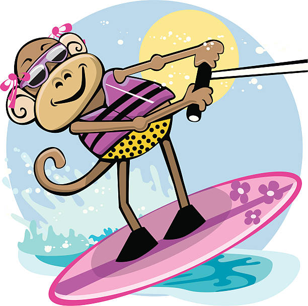 female monkey wake boarding through water Hip Female Monkey Practicing her wake boarding skills. polka dot bathing suit stock illustrations