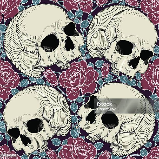 Sem Costura Com Flores E Skulls - Arte vetorial de stock e mais imagens de Padrão - Padrão, Estilo Gótico, Horror