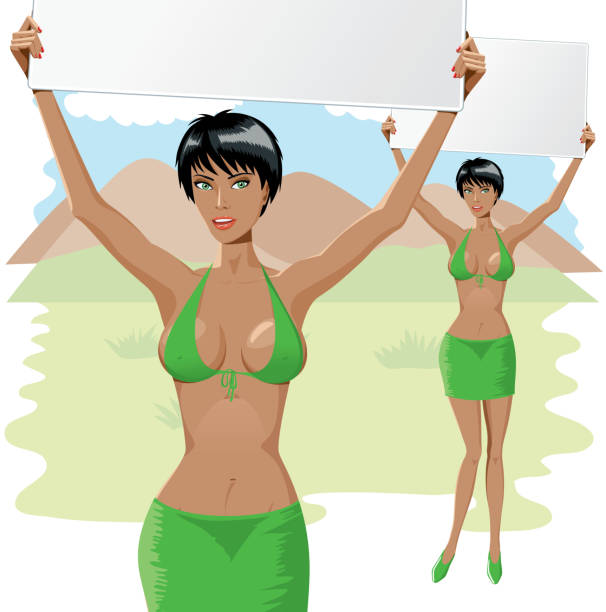 piękna dziewczyna w bikini i spódnica z pusta tablica 2 - sensuality party sun sunlight stock illustrations