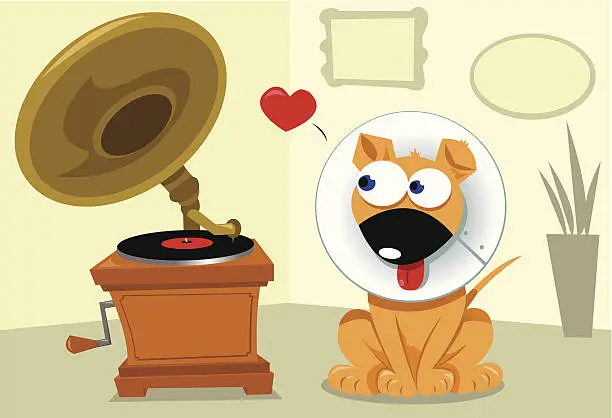 Vector illustration of Funny Dog and Grammophone