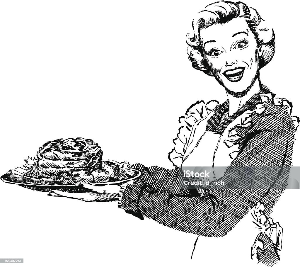 Vintage 50. XX wieku kobieta Służąc obiad - Grafika wektorowa royalty-free (Powrót do retro)
