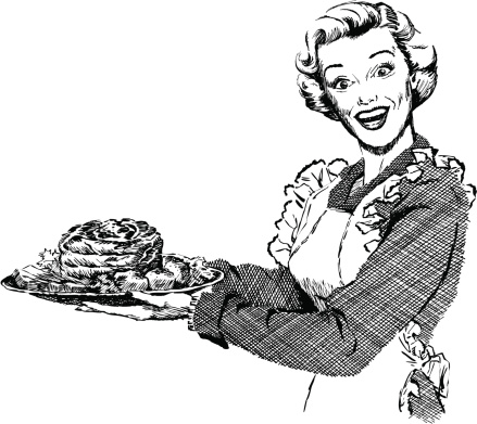 Vintage 1950s etched-style woman serving roast for dinner.  Detailed black and white from authentic hand-drawn scratchboard.  No white fills. For more vintage advertising art in my portfolio. Click this banner.