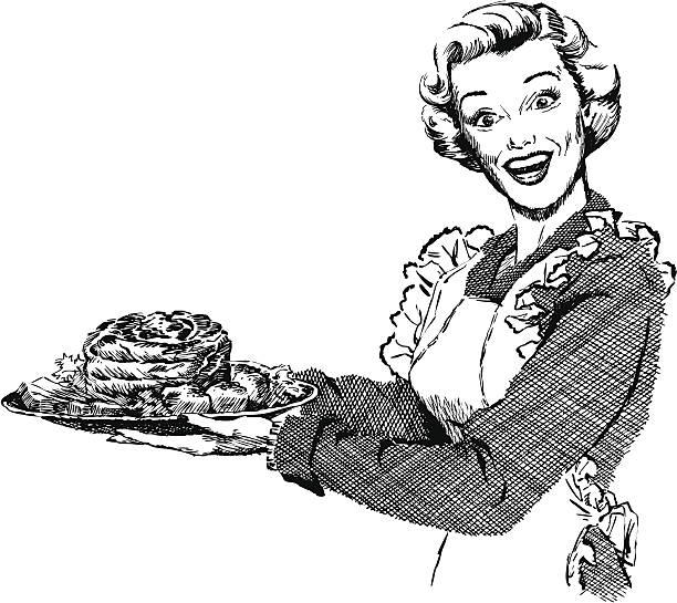 Vintage 1950s Woman Serving Dinner Vintage 1950s etched-style woman serving roast for dinner.  Detailed black and white from authentic hand-drawn scratchboard.  No white fills. For more vintage advertising art in my portfolio. Click this banner. vintage women stock illustrations