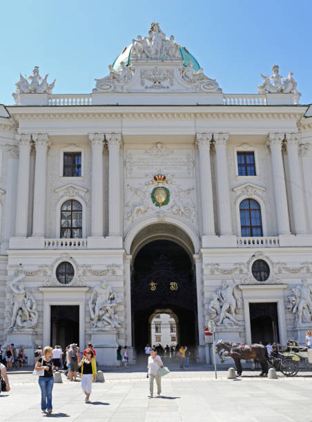 , Austria: A closeup grayscale of a building and gate of the Spanish Riding School in Vienna, Austria