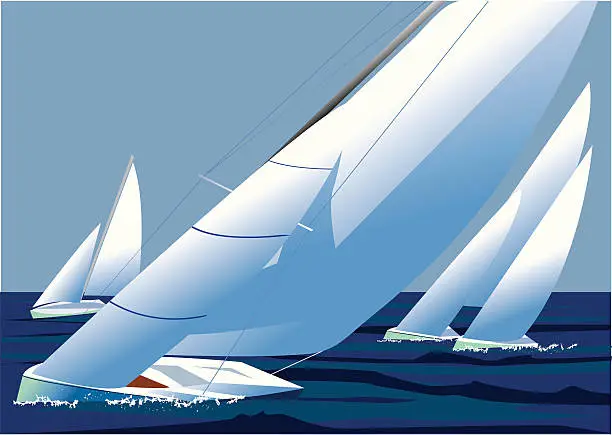 Vector illustration of Sailing regatta, yachts with white sails catch the wind