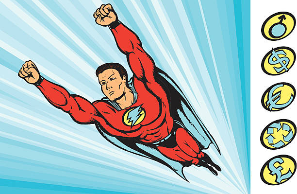 super guy fying into action vector art illustration