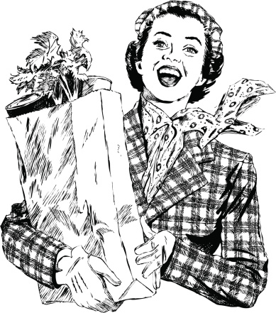 Vintage 1950s etched-style woman with grocery bag.  Detailed black and white from authentic hand-drawn scratchboard. No white fills. For more vintage advertising art in my portfolio. Click this banner.