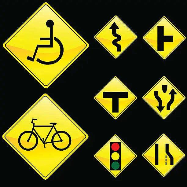 Vector illustration of Eight Diamond Shape Yellow Road Signs Set 3