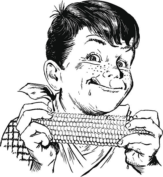 ретро 50-х годов мальчик ест кукурузный - inks on paper illustrations stock illustrations