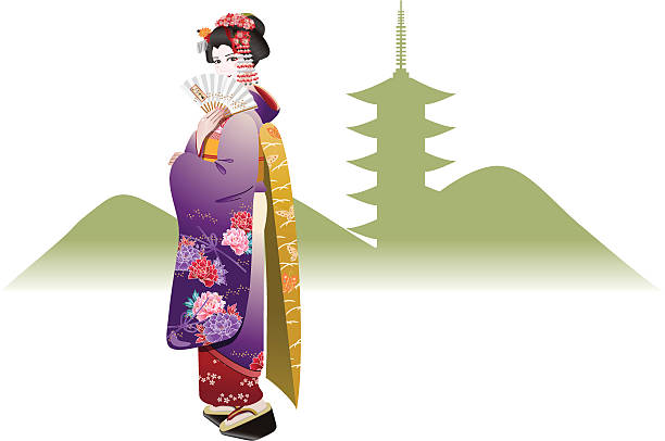 Beautiful Maiko She is Japanese MAIKO in Kyoto. She has Japanese fan and says hello.There are two more files like this.The difference are color of Kimono and her face. geta sandal stock illustrations