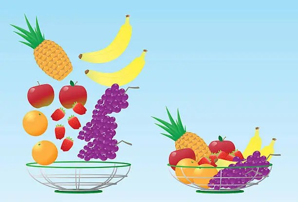 Vector illustration of One full fruit basket, one with fruit falling into a basket