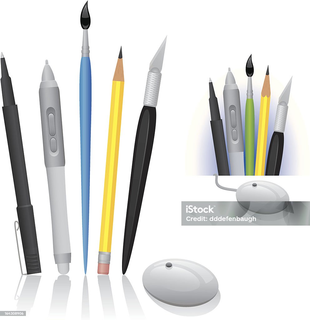 Artist Tools of the Trade Art tools: pen, digital pen, paint brush, pencil, exacto knife, mac mouse. Art And Craft stock vector