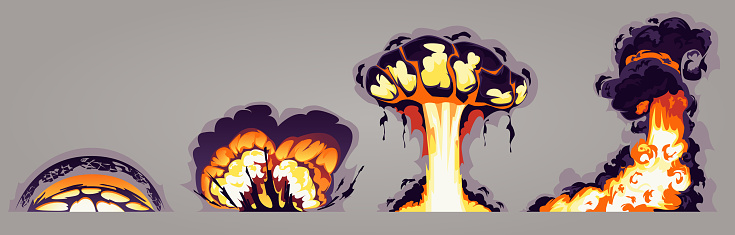 Set of colorful vector explosions. Explosion timing animation. Sequential chronology of the explosion of a bomb, rocket. Explosion visual effects, mushroom explosion, weapon. Cartoon illustration.