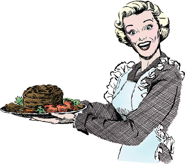 bildbanksillustrationer, clip art samt tecknat material och ikoner med vintage 1950s woman serving dinner - hemmavarande förälder