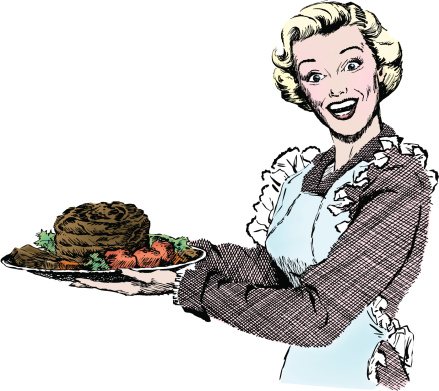 Vintage 1950s etched-style woman serving roast for dinner.  Detailed black and white from authentic hand-drawn scratchboard includes full colorization. For more vintage advertising art in my portfolio. Click this banner.