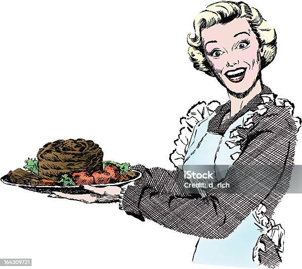 Vintage 1950s Woman Serving Dinner Stock Illustration - Download Image Now - 1950-1959, Women, Retro Style