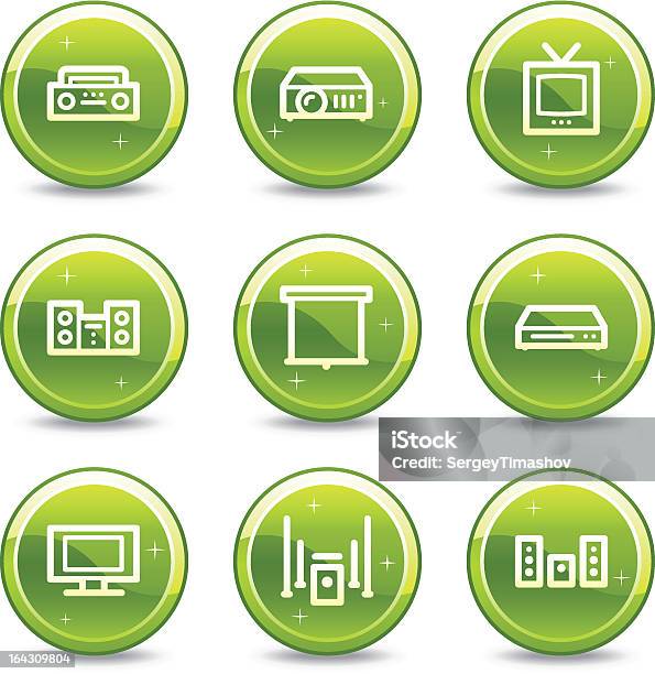 Ilustración de Audio Vídeo Web Iconos Botones Brillante Círculo Verde Serie y más Vectores Libres de Derechos de Altavoz