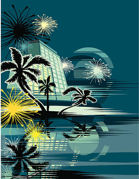 열대 도시 배경기술 - tourist resort hotel silhouette night stock illustrations