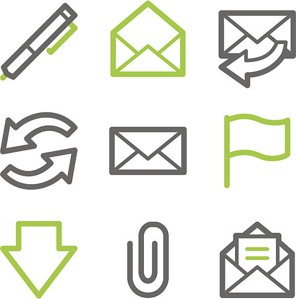 e-mail 웹 아이콘, 녹색 및 회색 컨투어 시리즈 - internet equipment green e mail stock illustrations