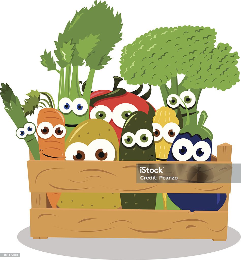 Смешные овощи в Деревянный ящик - Векторная графика Баклажан роялти-фри